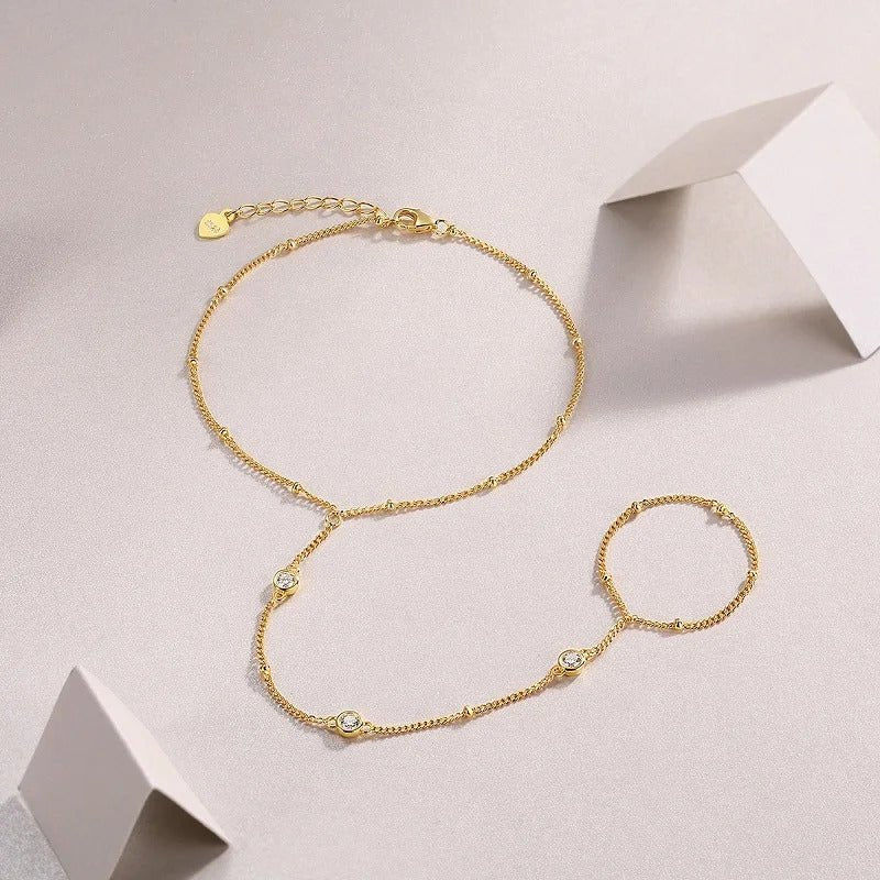 Three-Stone Moissanite Hand Chain Bracelet | S925 Silver 18K Gold Plated | 3mm VVS1 D-Color | Adjustable | GRA Certified | Charmsolo