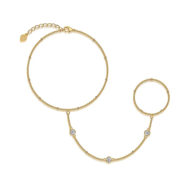 Three-Stone Moissanite Hand Chain Bracelet | S925 Silver 18K Gold Plated | 3mm VVS1 D-Color | Adjustable | GRA Certified | Charmsolo