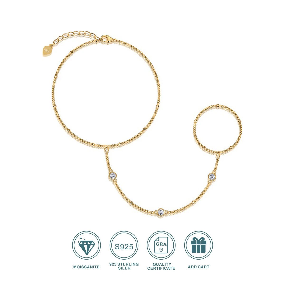 Three-Stone Moissanite Hand Chain Bracelet | S925 Silver 18K Gold Plated | 3mm VVS1 D-Color | Adjustable | GRA Certified | Charmsolo