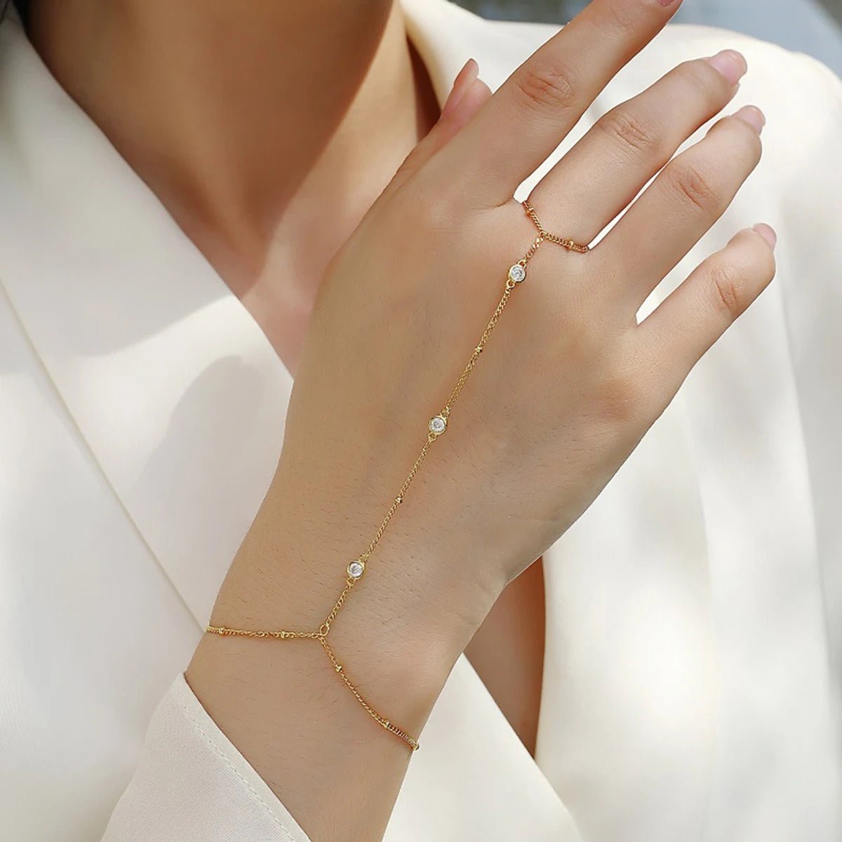 Three-Stone Moissanite Hand Chain Bracelet | S925 Silver 18K Gold Plated | 3mm VVS1 D-Color | Adjustable | GRA Certified | Charmsolo