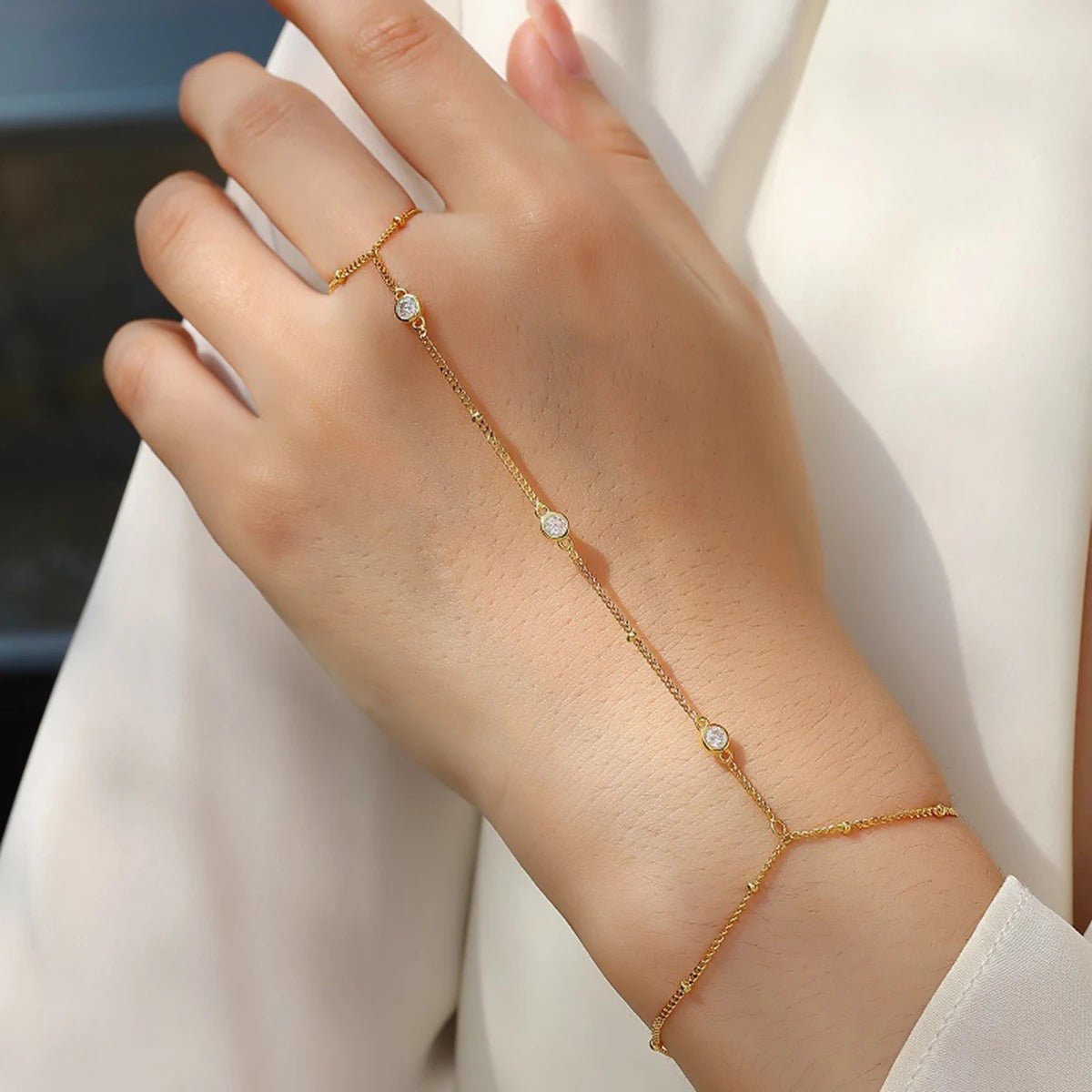 Three-Stone Moissanite Hand Chain Bracelet | S925 Silver 18K Gold Plated | 3mm VVS1 D-Color | Adjustable | GRA Certified | Charmsolo