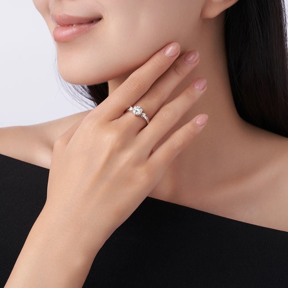 Three-Stone Moissanite Ring | S925 Silver 18K Gold Plated | 6.5mm + 2.5mm VVS1 D-Color